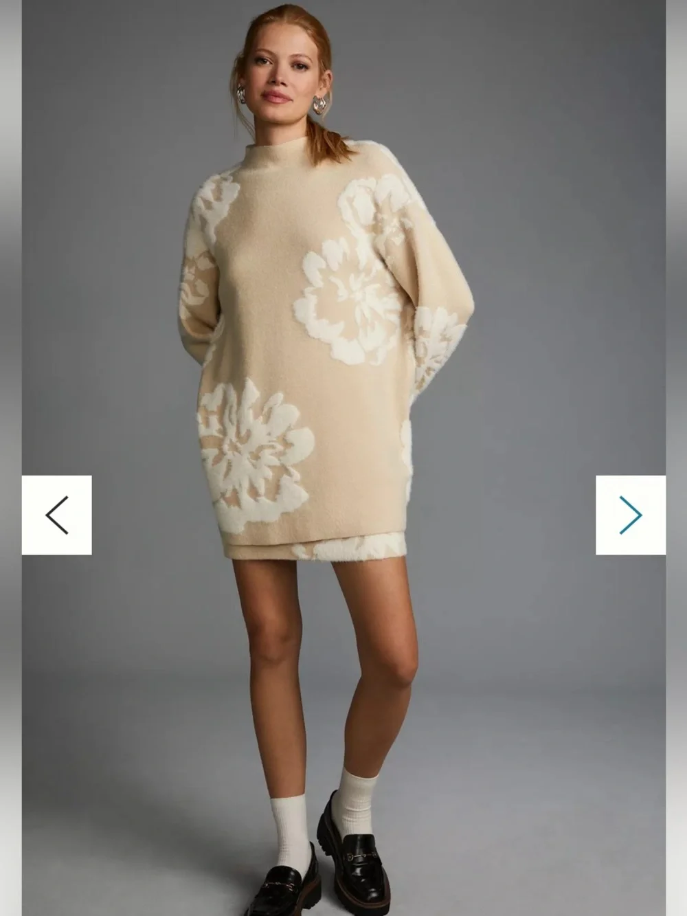 New Anthropologie Sweater Skirt Set Winter Cream Beige Floral Appliqué Fuzzy M